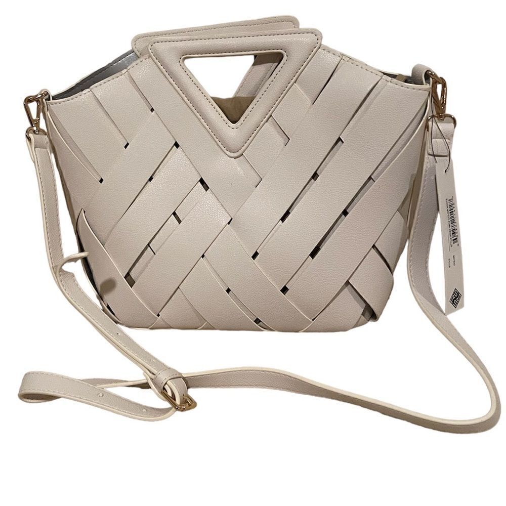 NWT Sondra Roberts White Woven Faux Leather Point Tote